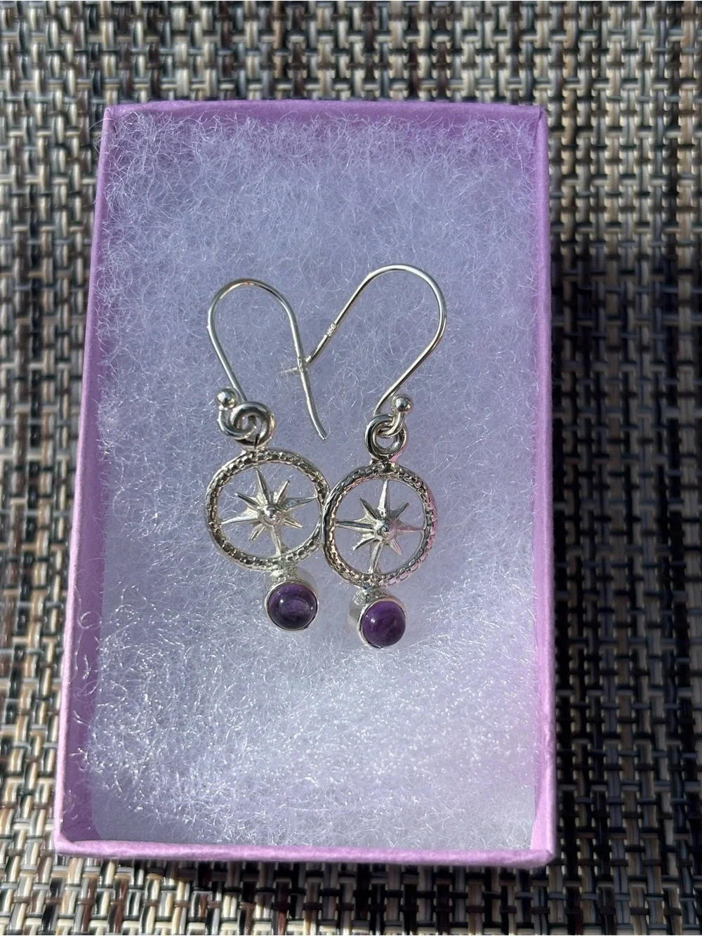 Sterling Silver Starburst Drop Earrings with Amethyst Accent - Purple